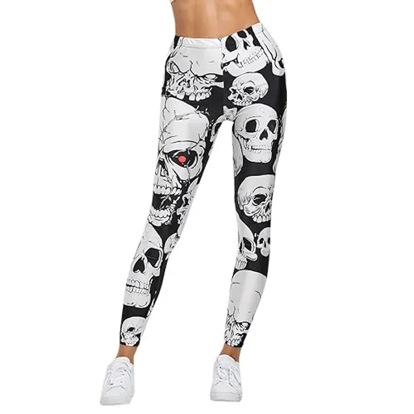 Damen Sport Leggings mit Totenkopf Print Yoga Hose Eng Fitnesshose Lang Strumpfhose Fitness Tights Jogginghose Kanpola Sommer Herbst Winter