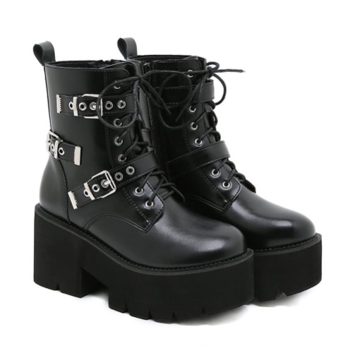 Kvinnor Goth Pearl Chain Platform Combat Boots Bälte Buckle Lace Up Zipper Ankel Boots Läder Chunky Heel Shoes (Color : B, Size : 43 EU) - 43 EU - B