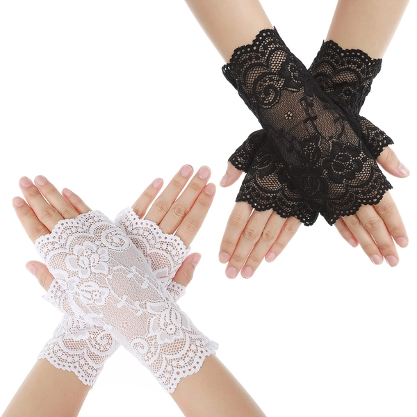 Yolev Fingerlösa handskar 2 par damspetshandskar cropped Floral Net handskar brud bröllop handskar för opera middag te party begravning, Svart, vit, En Storlek