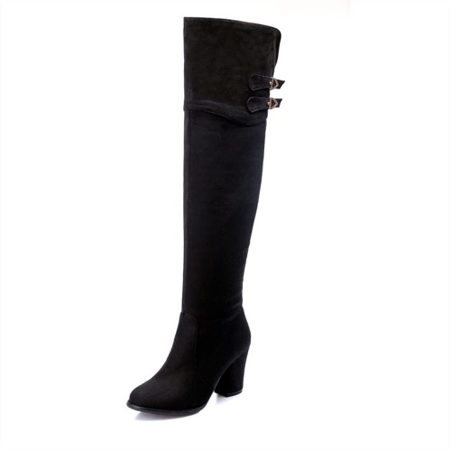 Kvinnor Knee High Boots, Fashion Chunky Heel Stretch Boots, Ladies Round Toe High Heel Stitching Over The Knee Boots, Frosted Suede High Boots, Thin Fleece (Color : Black, Size : 43 EU) - 43 EU - Svart