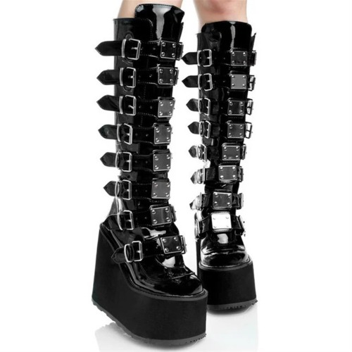 Goth plattformsstövlar Knähöga svarta gotiska stövlar Chunky häl spännade stövlar Mid Calf Strids Up Combat Boots for kvinnor - 43 EU - Zwart
