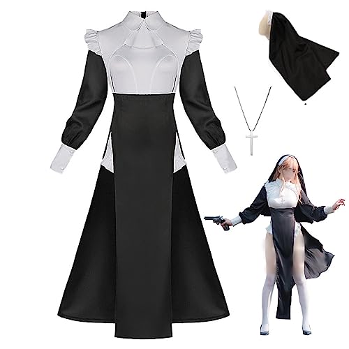 GWOKDAN Women Nun Cosplay Costume Gothic Nun Dress Uniform Bodysuit Halloween Outfits Full Set - Large - Black-a