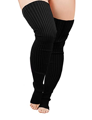 v28 Plus Size Knit Leg Warmer Women Thick Thigh High Boot Extra Long Large Socks - Plus Size- Black