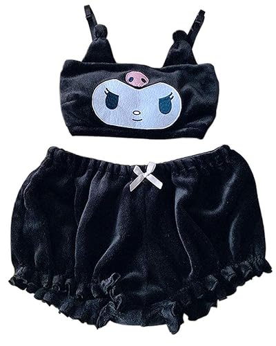 BZB Kawaii Anime Cute Pajamas Set for Women Sweet Lovely Velvet Tube Top and Shorts Two Piece Cartoon Sleepwear Sets - X-Large - Black