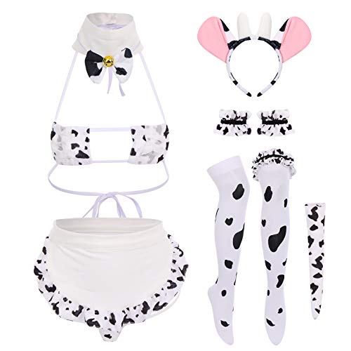 FYMNSI Women Sexy Milk Cow Lingerie Set Anime Maid Cosplay Costume Mini Bikini Bra Bodysuit with Bell Choker Stockings Outfit - One Size - Cow Maid Set