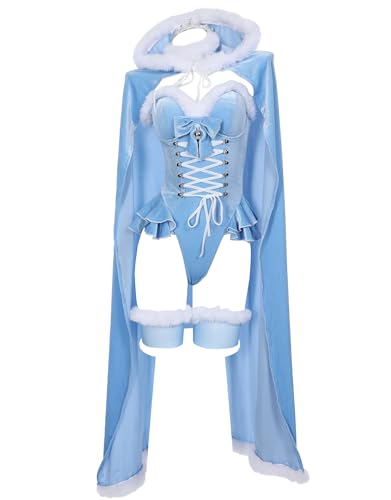 MEOWCOS Women's Bodysuit Queen Cosplay Costume Halloween Christmas Bodysuit Cape Set with Crown Cloak Gloves Socks - X-Large - Blue