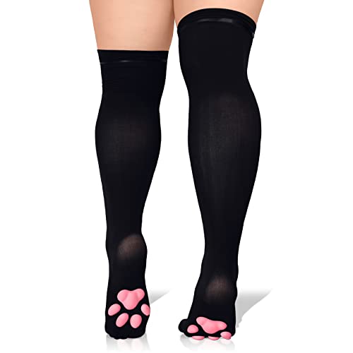 Littleforbig Plus Size Thigh High Cosplay 3D Paw Pad Silicone Kitten Over The Knee Silk Stockings - Large - Black-pink
