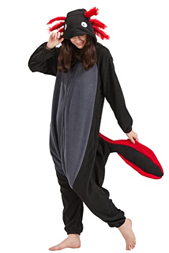 DELEY Unisex Axolotl Costume Adult Onesie, One Piece Pajamas, Halloween Cosplay Costumes Homewear Jumpsuit - Black Axolotl - Large