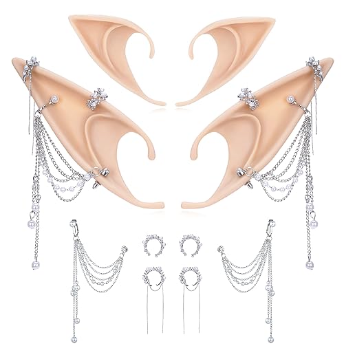 FRESHME Gothic Elf Ears with Sliver Piercings Set, Renaissance Fairy Ear Cuffs with Skull Earrings - Fairy Earrings