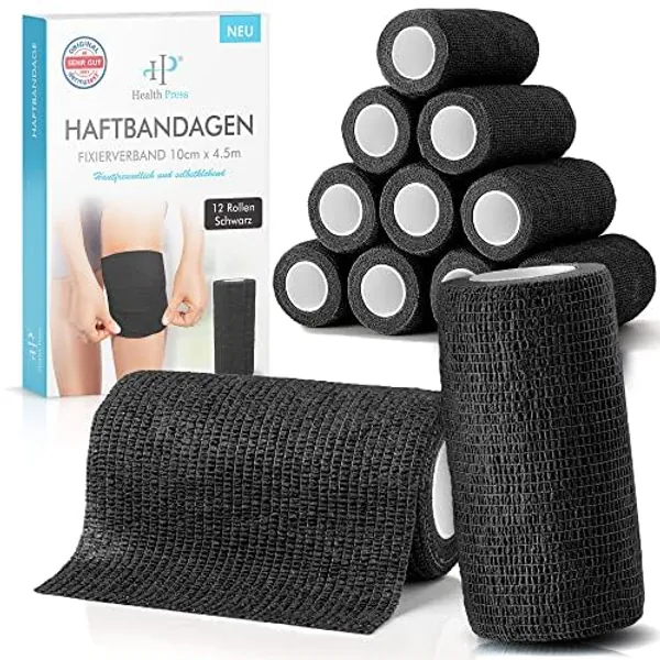 Selbstklebender Verband - 12 Bandagen Rollen (10cm x 4,5m) - Original Health Press Pflaster Rolle Verbandsmaterial - Elastische Bandage - Haftbandage selbstklebend Schwarz - Schwarz - 10cm x 4,5m (12 Rollen)