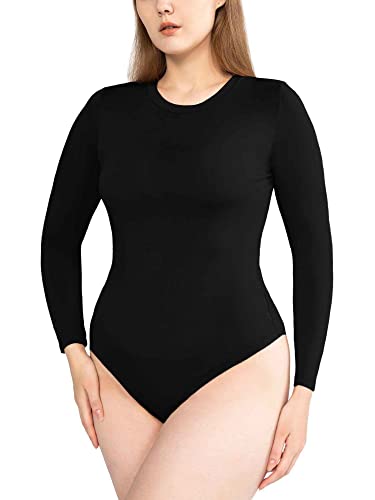 POSESHE Women's Plus Size Bodysuit Top Long-Sleeve Body Shaper Outfits, M-5XL - 5X - Black - Long Sleeve
