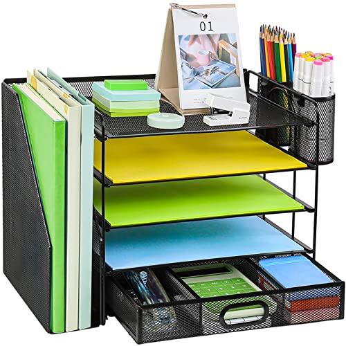 Desk Organizer with File Holder, 5-Tier Letter Paper Tray Organizer with Drawer & 2 Pen Holders, Desk Organizers and Accessories, Mesh Desktop File Organizer and Storage for Office Supplies - 5-tier Desk Organizer With File Holder Black