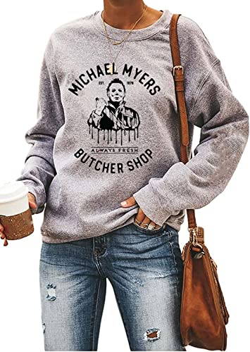 Dahuiya Michael Myers Butcher Shop Sweatshirt Womens Funny Halloween Horor Graphic tShirts - Small - Grey