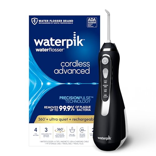 Waterpik Cordless Advanced 2.0 Water Flosser For Teeth, Gums, Braces, Dental Care With Travel Bag and 4 Tips, ADA Accepted, Rechargeable, Portable, and Waterproof, Black WP-582, Packaging May Vary - Black
