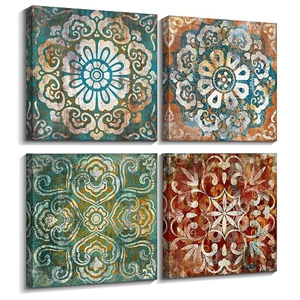 Mofutinpo Wall Art Vintage Flowers Pattern Canvas Prints Pictures for Bedroom Wall Decor 14x14 inches 4 Pieces Artwork Ready to Hang for Home Bathroom Kitchen Office Decoration