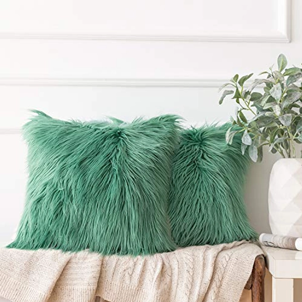 Ashler HOME DECO Pack of 2 Decorative Luxury Style Green Faux Fur Throw Pillow Case Cushion Cover 18 x 18 Inches 45 x 45 cm