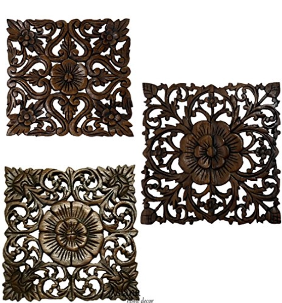 Set of 3 Carved Wood Wall Plaques. Floral Wood Wall Hanging. Rustic Wood Wall Decor. Brown. Size 12" Square