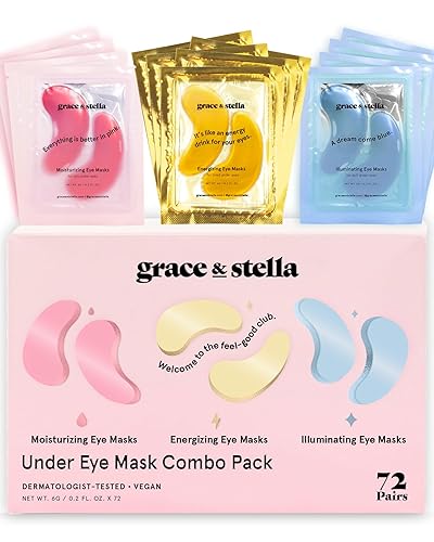 Under Eye Mask - Reduce Dark Circles, Puffy Eyes, Undereye Bags, Wrinkles - Gel Under Eye Patches, Vegan Cruelty-Free Self Care by grace and stella (72 Pairs, GoldPinkBlue)24 Pair (Pack of 3) - Gold, Pink, Blue (72 Pairs)
