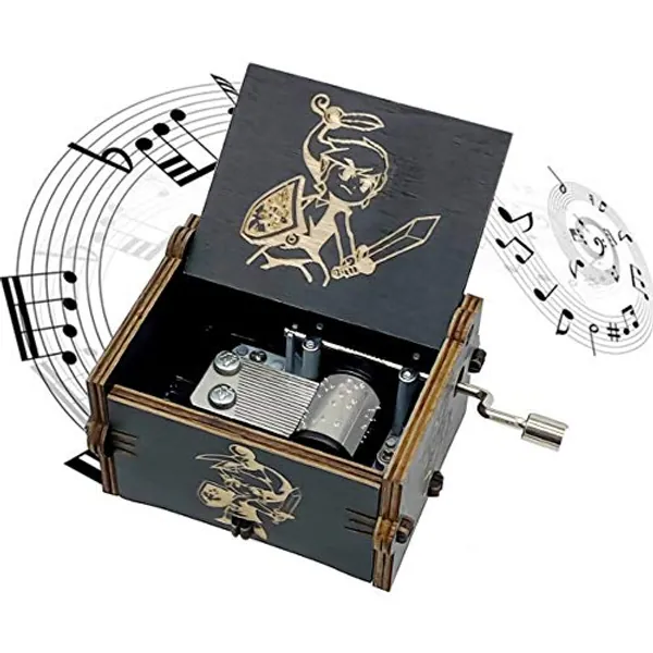 Zelda Wooden Music Box, Hand Crank Wood Legend of Zelda Theme Musical Boxes, Antique Engraved Carved Crafts Gift for Wedding, Valentines, Christmas, Birthday(Black) - Black