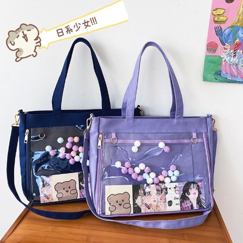 【on sale】ita bag japanese jk school shoulder bag transparent bag for woman totebag for woman with zipper and pocket Japanese Style JK Girl Transparent Pain Bag Large Capacity One-Shoulder Tote Ladies Cartoon Anime Student Class School 2022 Trendy