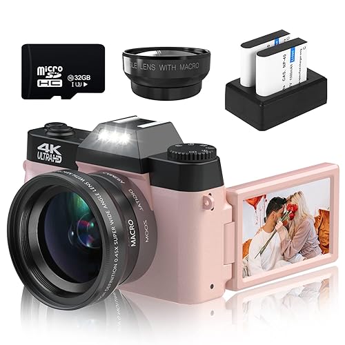 VETEK Digital Cameras for Photography, 4K 48MP Vlogging Camera 16X Digital Zoom Manual Focus Students Compact Camera with 52mm Wide-Angle Lens & Macro Lens, 32G Micro Card and 2 Batteries (Pink) - Pink