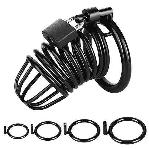 Male Cock Cage Chastity Device - UTIMI Large Chastity Cage with 4 Active Rings Adult Sex Toy for Men Penis Exercise | Key and Lock Included - Black - Large size