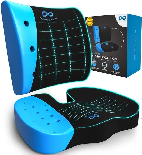 Everlasting Comfort Seat Cushion and Lumbar Support Pillow Combo - Chair Pads Reduce Tailbone Pressure and Improve Back Comfort - Gel Infused Memory Foam Chair Cushions for Home, Car, Travel - 