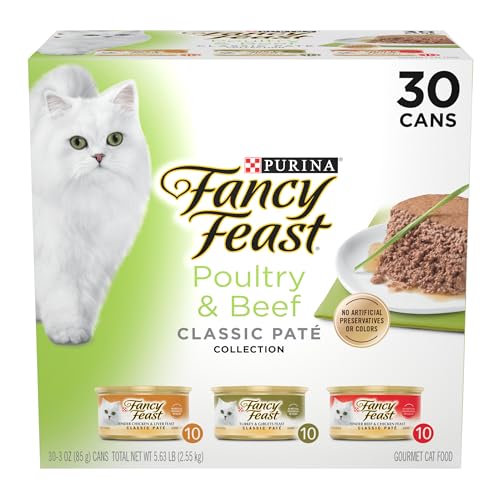 Fancy Feast Poultry and Beef Feast Classic Pate Collection Grain Free Wet Cat Food Variety Pack - (Pack of 30) 3 oz. Cans