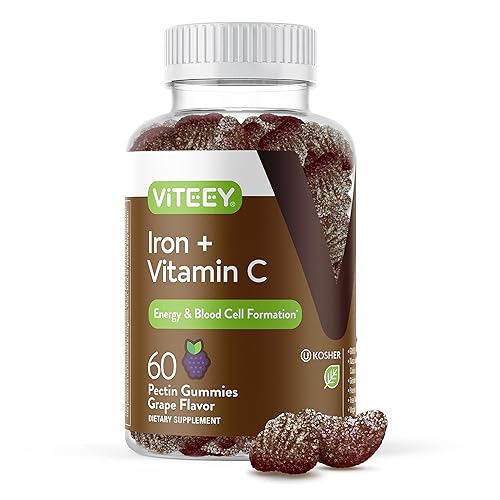 Iron Gummies 20mg + Vitamin C 26mg for Iron Deficiency and Anemia, Supports Energy, Blood Cell Formulation, Blood Builder, Vegan Supplements, Gluten Gelatin and GMO Free, Chewable Grape Gummy Chews - 60 Count (Pack of 1)