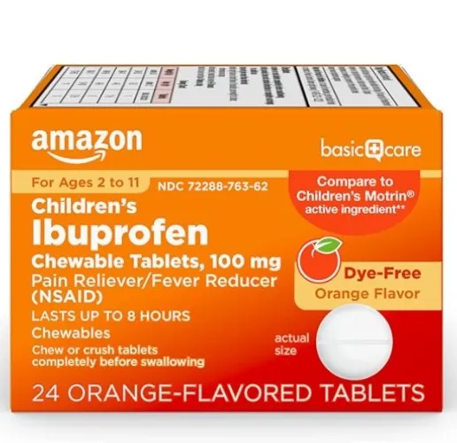 Amazon Basic Care Children's Ibuprofen Chewable Tablets, 100 mg, Orange Flavor, Pain Reliever and Fever Reducer, 24 Count