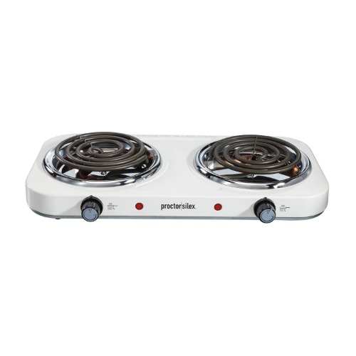 Proctor Silex Burner Electric Countertop Burner Cooktop, Compact and Portable Mini Stove, Adjustable Temperature Double Hot Plate, 1700 Watts, White & Stainless (34116) - Double Burner Cooktop, 1700 Watts White & Stainless