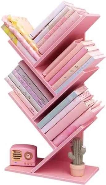 Tree Bookshelf,4-Layer Floor Standing,The Desktop Bookshelf Can Hold Books,Magazines,CDs and Photo Albums,Office Storage Rack,Pink