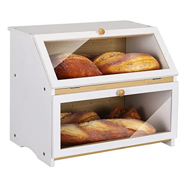 HOMEKOKO Double Layer Large Bread Box for Kitchen Counter, Wooden Large Capacity Bread Storage Bin (White)