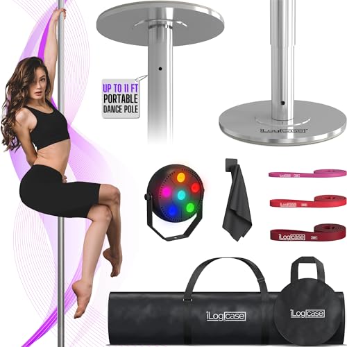 ILOGICASE Spinning Dancing Pole for Home | Portable and Heavy Duty 45mm Dance Pole Apartment Friendly, Adjustable Height 7ft to 11ft, w/Pole Conditioning Bands Set, LED Light and Carry Bags - Chrome