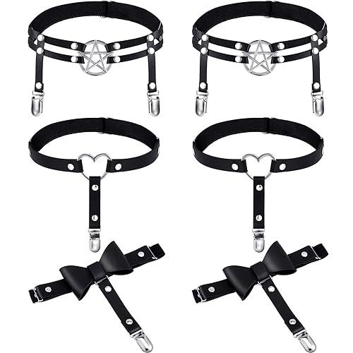 Syhood 6 Pieces Thigh High Garter Belt Heart Star Shaped Butterfly Knot Punk Leg Garter with Anti Slip Clips Elastic Punk Gothic Adjustable Thigh Ring Garter for Women