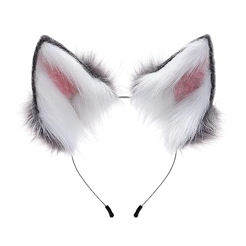 HAOAN Handmade Cat Fox Fur Ears Hairhoop Headwear Anime Fancy Dress Party Cosplay Halloween Costume Headband Hairband Gray - Gray