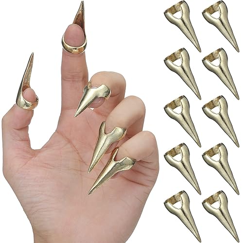 10 Pieces Finger Claws Cosplay Claws Rings Full Finger Set Retro Metal Nail Punk Rock Nail Finger Armor Gothic Talon Nail Fingertip Claw for Cosplay Nail Art Holiday Party (Gold) - Gold