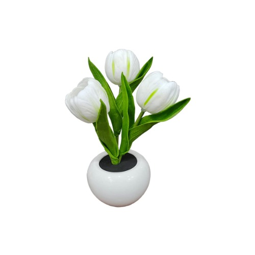 Desk Lamp LED Tulip Lamp Artificial Flower Small Night Light Fake Bouquet 3 Heads with Ceramic Vase for Bedroom Bedside Lamp Ambient Light Decor - White