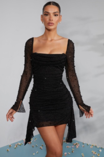 Long Sleeve Embellished Cowl Neck Mini Dress in Black | 6