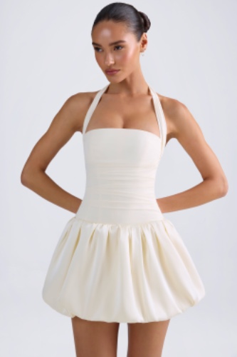 Halterneck Lace-Up Bubble Hem Corset Micro Mini Dress in Ivory | 6