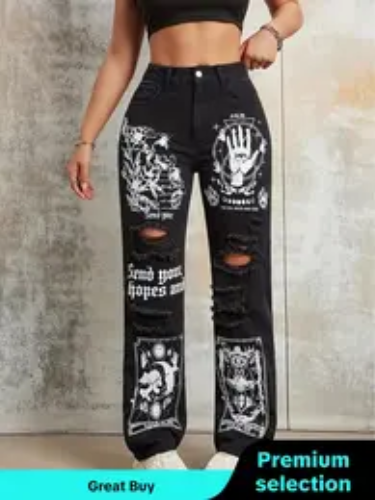 Ripped Graphic Print High Waist Jeans, Fashion Pants Casual Pocket Button Straight Leg Denim Trousers for Daily Outdoor Wear, Women Denim for All Seasons, Jeans for Women, Downtown Girl Clothes