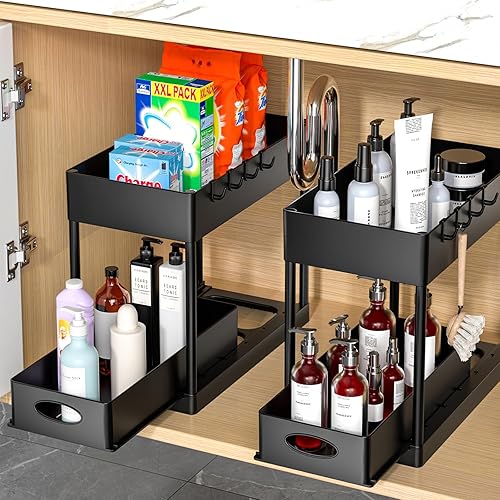 PUILUO 2 Set Under Sink Cabinet Organizer, 2 Tier Storage Under Cabinet Bathroom Under Sink Organizers and Storage Black Under Sink Storage for Bathroom Kitchen - Black 2Pack
