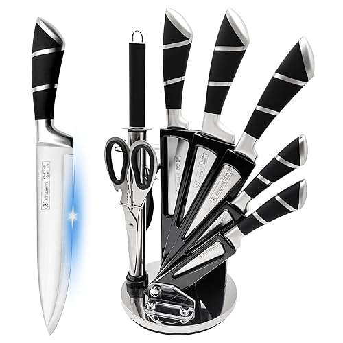 Kitchen Knife Set, Retrosohoo 9-Pieces Black Sharp Non-Stick Coated Chef Knives Block Set,Stainless Steel Knife Set for Kitchen with Sharpener for Cutting Slicing Dicing Chopping (Black) - Black