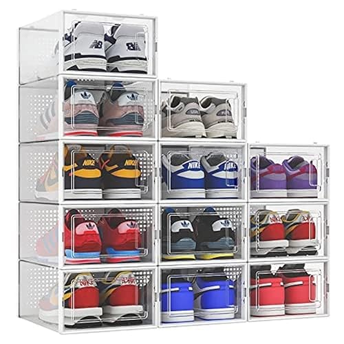 12 Pack Shoe Organizer Storage Bins Clear Plastic Stackable Shoe Boxes for Closet, Space Saving Foldable Shoe Storage Case, Sneaker Storage Shoe Box Container