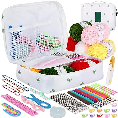 Coopay Crochet Starter Kit for Beginners Adults, Includes Ergonomic Metal Crochet Hooks 0.6mm to 6mm, Accessories and Cactus Case, Knitting Set with Wool and Needles - Cactus