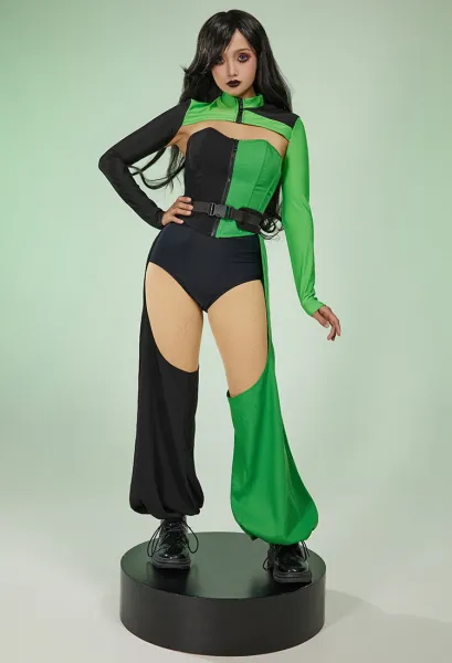 Shego Derivative Costume Women Sexy Outfit Green Black Long Sleeve Crop Top with Corset and Crotch Cutout Pants Belt