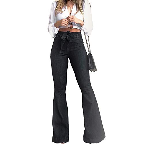 Pantete Womens High Waisted Bell Bottom Jeans Denim High Rise Flare Jean Pants with Wide Leg and Belt - Black Large