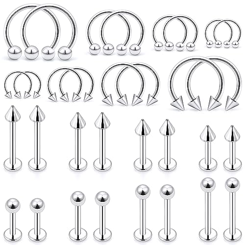 Ftovosyo Lip Rings 32PCS Labret Jewelry Monroe Lip Barbell Ring Snake Bite Piercing Jewelry 16G Helix Earring Daith Tragus Cartilage Studs Surgical Steel Piercing Jewelry for Women Men - 32pcs,16 gauge