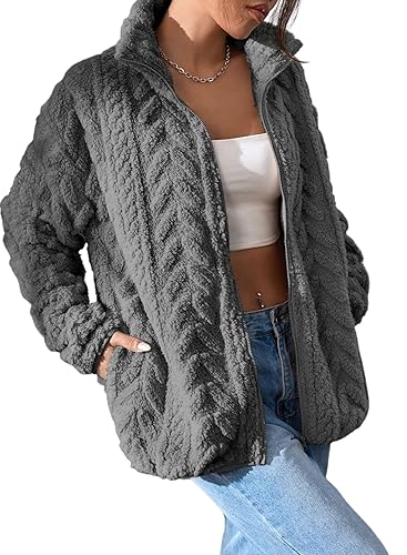 Dokotoo Winter Fleece Jacket for Women Zipper Up Zip Up Stand Collar with Pockets Coats - Large - Gray