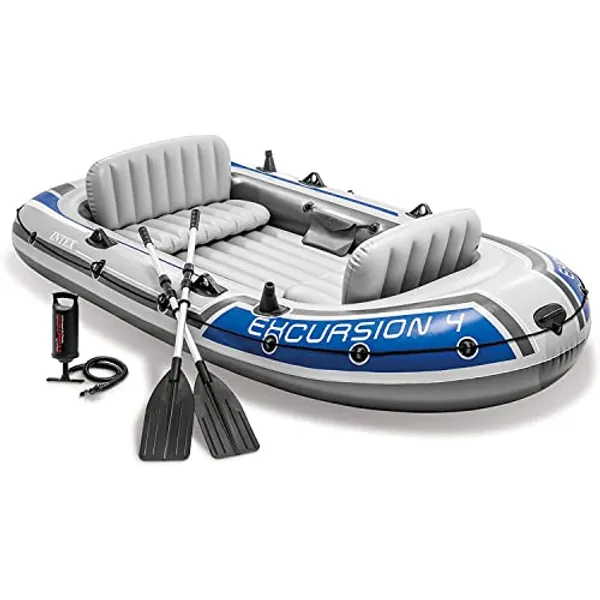 INTEX Excursion Inflatable Boat Series: includes Deluxe 54in Boat Oars and High-Output Pump – SuperTough PVC – Adjustable Seats with Backrest – Fishing Rod Holders – Welded Oar Locks